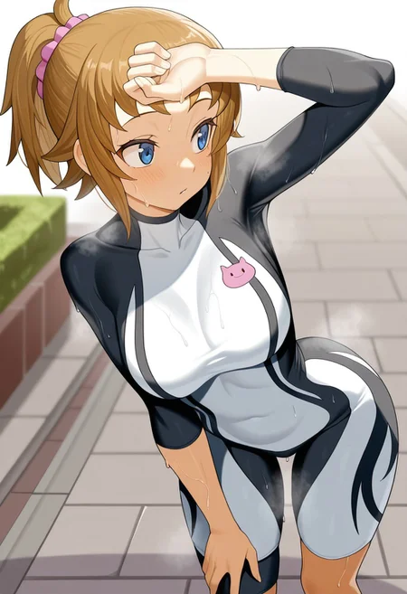 masterpiece,best quality,amazing quality, gbf_fumina, 1girl, brown hair, high ponytail, sidelocks, pink scrunchie, blue eyes, fmnEd1Def, black and white bodysuit, pink emblem, leaning forwards, sweaty, looking to side, steaming body, sidewalk, arm on forehead,