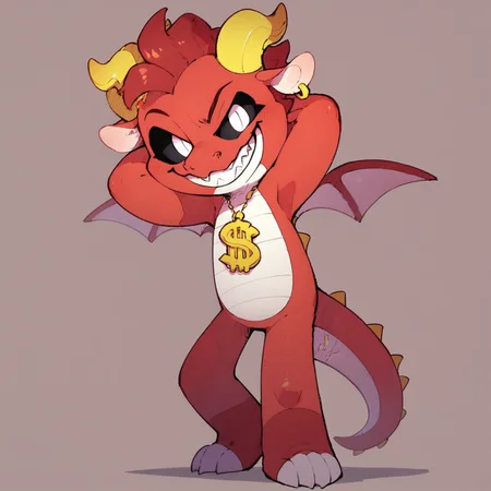 score_9, score_8_up, score_7_up, solo, dragon, cute, anthro, horns, horn, red body, furry, wings, tail, sharp teeth, sharp teeth, claws, dragon horns, white eyes, black sclera, cartoony, standing, closed mouth, smiling, hands behind head
