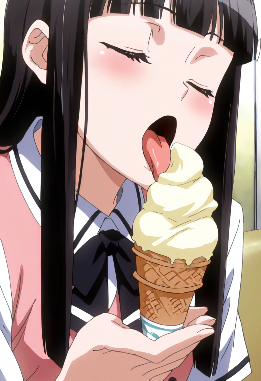 masterpiece, best quality, 1girl, solo, eyelashes, (beautiful eyes),   zzMidori, black hair, long hair, blush, open mouth,  school uniform, closed eyes, tongue, tongue out, ice cream, vanilla, licking,    ,<lora:SuzuMidori_KanojoX3_IXL_v1:1.0>,