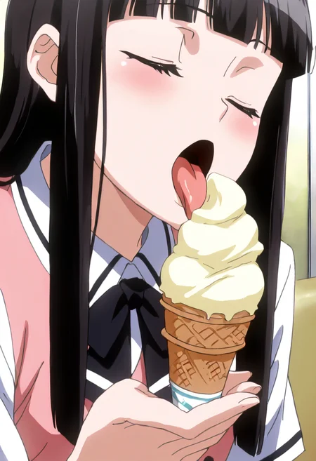 masterpiece, best quality, 1girl, solo, eyelashes, (beautiful eyes), zzMidori, black hair, long hair, blush, open mouth, school uniform, closed eyes, tongue, tongue out, ice cream, vanilla, licking, ,<lora:SuzuMidori_KanojoX3_IXL_v1:1.0>,