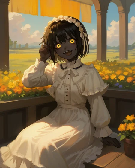score_9, score_8_up, score_7_up, sitting, terrace, 1girl, dress, eveyuno,happy, yellow eyes, black skin, <lora:eveyuno:0.8>