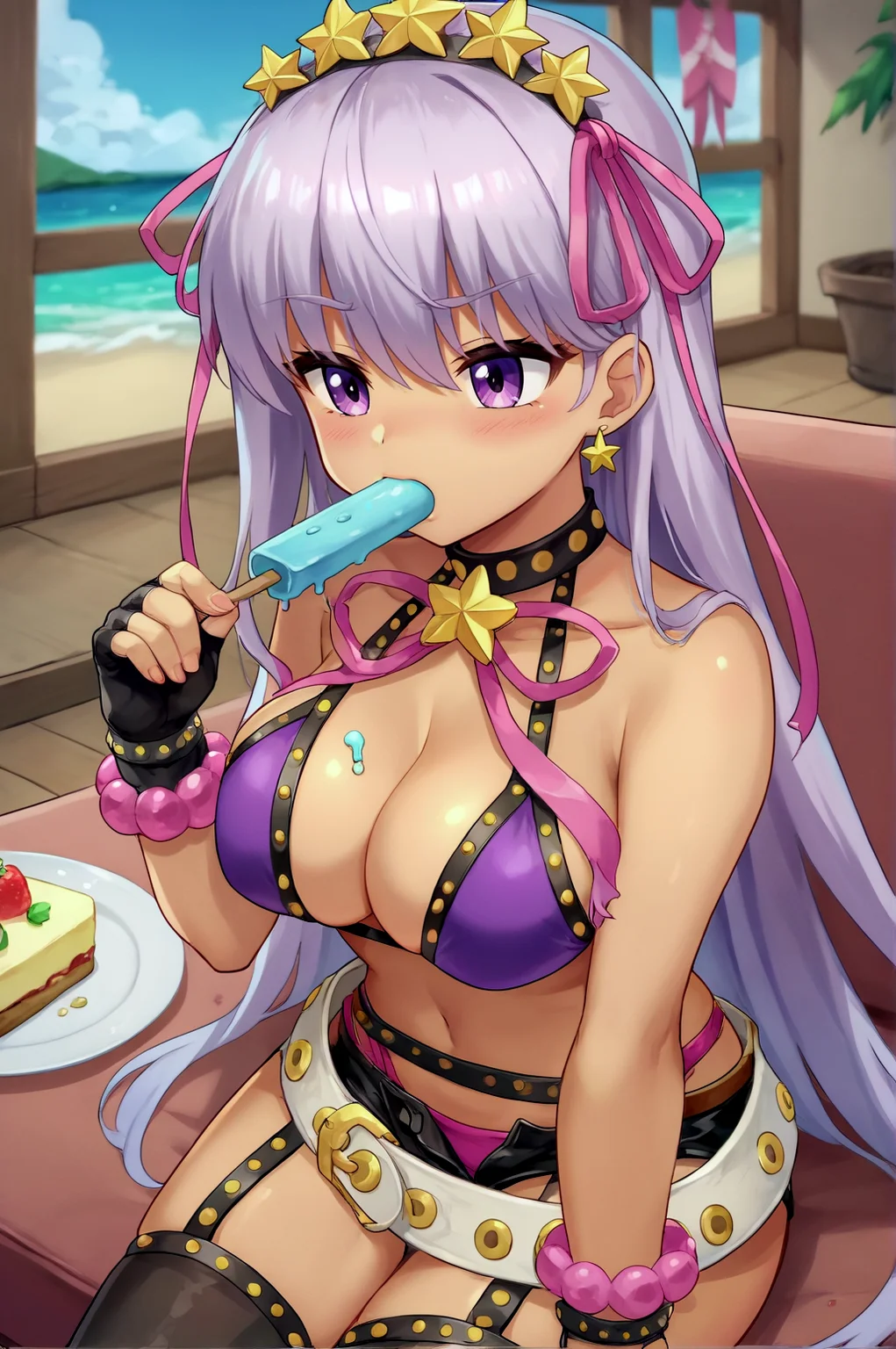 score_9, score_8_up, score_7_up,anime_source, source_anime, best background, detailed background, anime screencap BB Summer, Main Outfit, food, general, popsicle, solo, indoors, wariza, blush, <lora:<lora:JN_BB_Summer_Pony:0.8>:0.8>