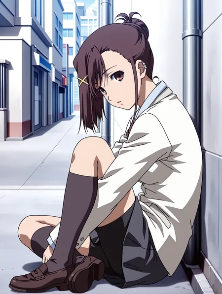 masterpiece,best quality,newest,
1girl,solo,
anime screencap,<lora:sakurai_kanade_ilxl_v1.0:1>,brown hair,single hair bun,x hair ornament,brown eyes,short hair,
k_clothes,uniform,white jacket,shirt,black skirt,black shorts under skirt,black socks,loafers,
<lora:Fixhands_anime_bdsqlsz_V1:1>,city,expressionless,from_back,knees,leaning,sideways_glance,looking_at_viewer,parted lips,wall,