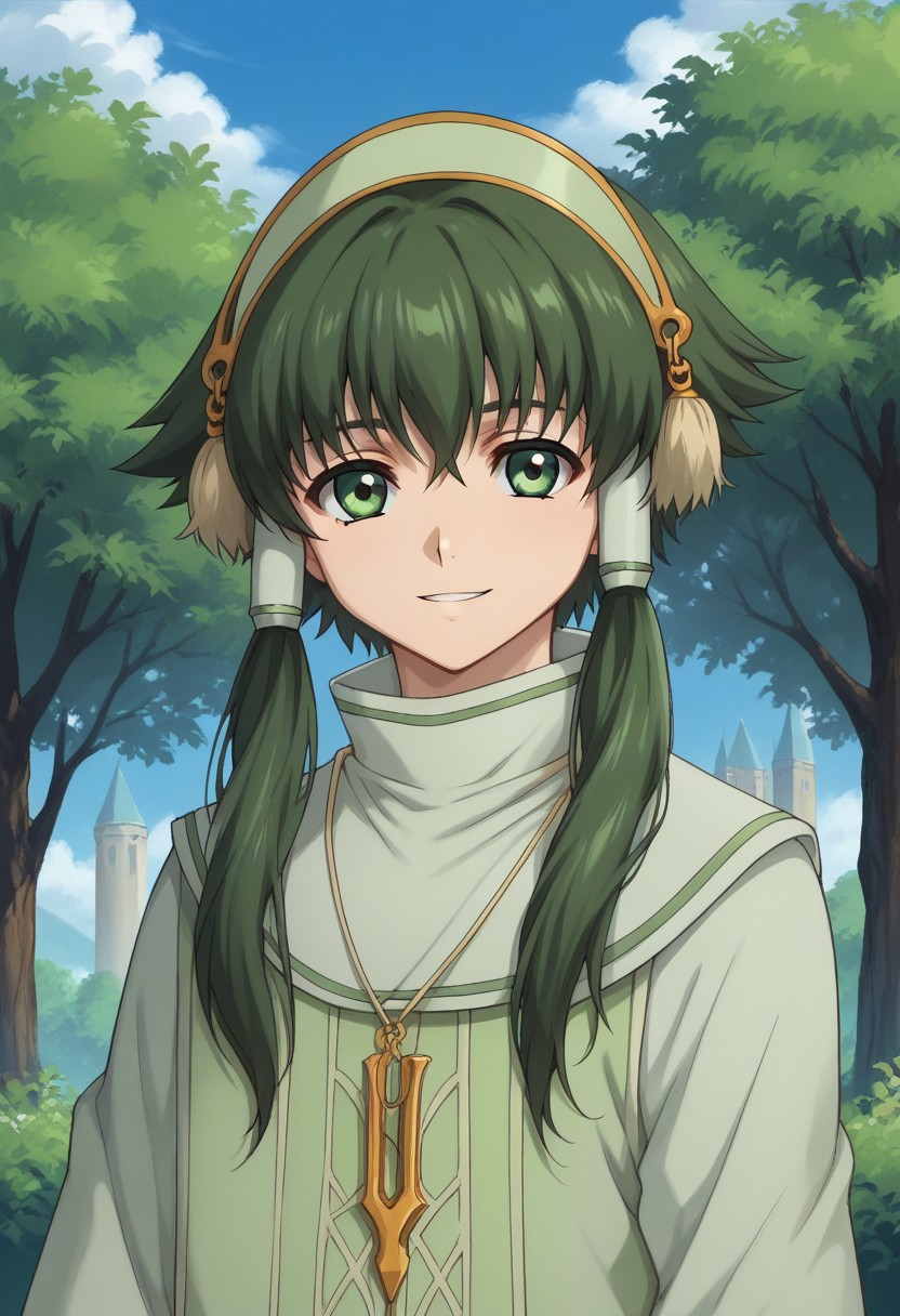 score_9, score_8_up, score_7_up, source_anime, highly detailed, 
fonion, male focus, 1boy, solo, green hair, hair tubes, sidelocks, green eyes, jewelry,
smile, necklace, short hair with long locks, looking at viewer, vest, green vest, pantyhose, upper body
outdoor, sky, tree