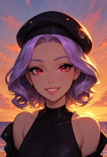 score_9, score_8_up, score_7_up, cute, faded bright colours, ultra detailed, dynamic sunlights, dynamic shades, one cute girl, cute Brazilian woman, backyard, black leather jacket, beret, laughing, delighted, slender, light purple hair, curly hair, shiny-red eyes, smile, bare shoulder, black leather jacket, looking at viewer, sunset, beach boardwalk, dynamic pose, high angle shot..
In the dimly lit chamber, the enchantress' eyes sparkled with a tantalizing promise, their depths shimmering like twin stars. Her gaze, intense and mesmerizing, held the power to captivate and ensnare. The soft glow of the firelight played across her delicate features, highlighting the allure of her enigmatic smile. Draped in flowing, ethereal robes that clung to her graceful form, she moved with a fluid elegance that seemed almost otherworldly. Each glance she cast was a silent invitation, filled with the unspoken allure of secrets and desires yet to be revealed. The air around her thrummed with a subtle, magical energy, as if the very atmosphere responded to her presence. Those who met her gaze felt a magnetic pull, drawn into the spellbinding promise of her eyes, unable to look away.