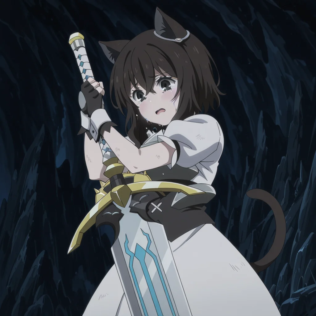 nsfw, masterpiece,best quality,amazing quality,1girl, solo, reincarnated_as_a_sword_fran, animal ears, sword,gloves, holding weapon, holding, fingerless gloves, holding sword, cat ears, black gloves, black hair, open mouth, bangs, hair between eyes, puffy sleeves, short sleeves, puffy short sleeves, black eyes, anime coloring, cat tail, brown hair, shirt, short hair, crying, cave, <lora:Fran_-_Reincarnated_as_a_Sword:0.7>