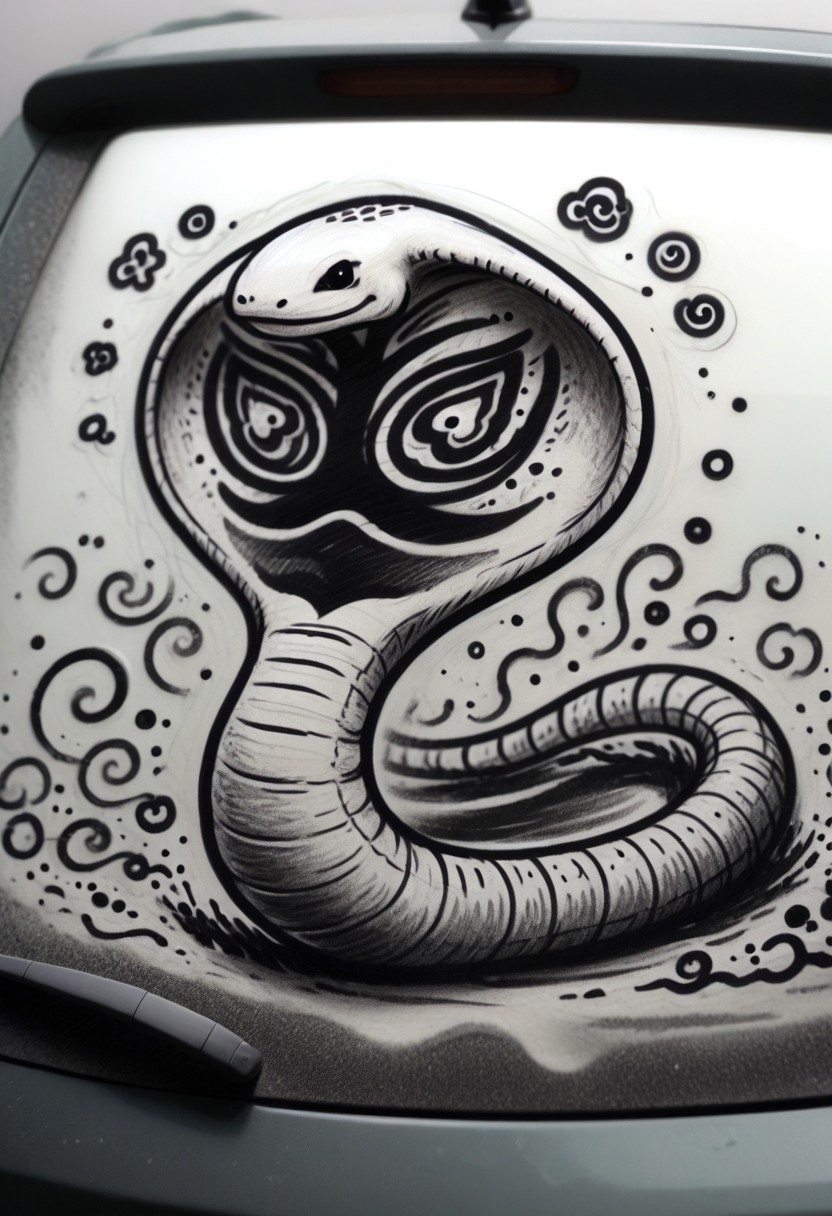 w4shm3, car, doodle, 1girl, solo, arbok, snake, feral, large breasts, outline, simple, monochrome