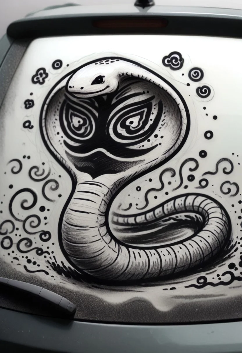 w4shm3, car, doodle, 1girl, solo, arbok, snake, feral, large breasts, outline, simple, monochrome