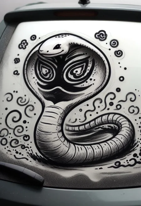 w4shm3, car, doodle, 1girl, solo, arbok, snake, feral, large breasts, outline, simple, monochrome