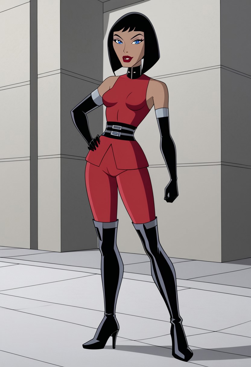 1girl, solo, Madame Rouge, DC, short black hair, blue eyes and brown skin, milf, curvy figure with fuller hips and thighs, small breasts, defined waist, red sweater, black turtleneck, double grey belt at waist, sleeveless, off shoulder, high tight pants, red pants, thigh high boots with grey lines, high heels and elbow length black gloves with grey details
