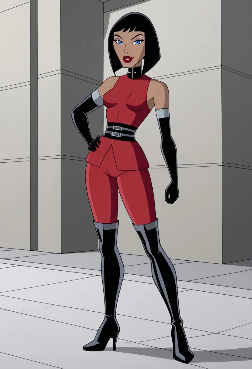 1girl, solo, Madame Rouge, DC, short black hair, blue eyes and brown skin, milf, curvy figure with fuller hips and thighs, small breasts, defined waist, red sweater, black turtleneck, double grey belt at waist, sleeveless, off shoulder, high tight pants, red pants, thigh high boots with grey lines, high heels and elbow length black gloves with grey details