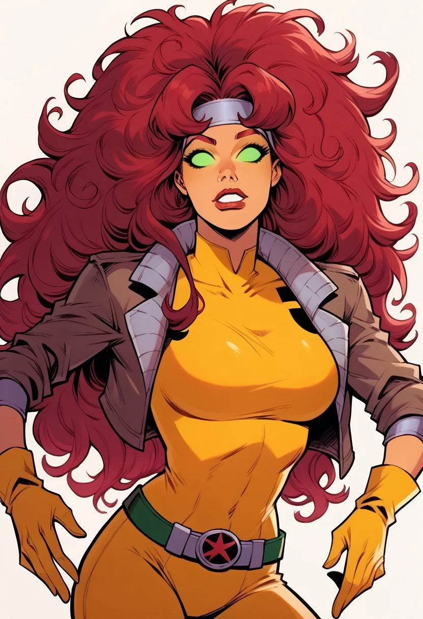 score_9, score_8_up, score_7_up, 1girl, solo, StarfireDG, DEFRogue, green eyes, no pupils, lipstick, red hair, two-tone hair, long hair, white bangs, dyed bangs, messy hair, headband, big breasts, cropped jacket, brown jacket, yellow bodysuit, long bodysuit, yellow gloves, belt, yellow boots, full clothed, happy,<lora:Starfire_PonyXL:0.8> <lora:r0gue:0.9>