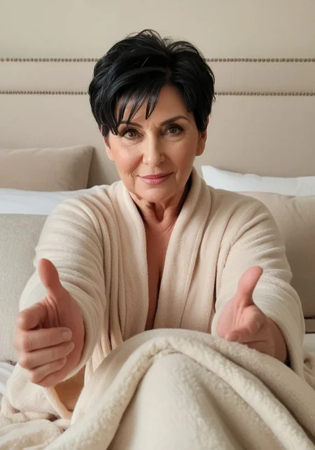 pov soft-focus ASMR-style portrait, mature curvy woman styled after american-armenian-momager-mom glam, huge maternal cleavage, full engorged breasts, pendulous saggy huge mommy milkers, wide-low-plunging neckline, Glam MILF ,aged 70, curvy with gentle wrinkles, tousled black pixie hair, dressed in a loose cashmere robe slightly open at the chest, reaching toward the camera as if to pull you into a hug, direct gaze with nurturing eye contact, close-up shot, eye-level perspective, softly lit bedroom with plush pillows and neutral-toned décor, soothing maternal atmosphere, gentle warm lighting that wraps around her figure, creamy beige and dusty rose palette, inspired by the comfort-core trend and maternal beauty campaigns. cuddle invitation, open hands, finger tips, ultra-detailed

