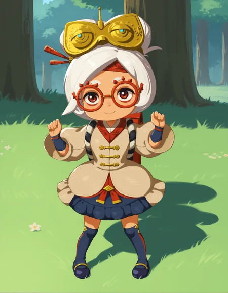 zPDXL, score_9, score_8_up, score_7_up, source_anime, 1girl, solo,
<lora:LilPurah_v1.2:0.8> purah, sheikah, white hair, dark-skinned female, child, thick eyebrows, red eyes, red-framed eyewear, hair bun, beige jacket, blue skirt, frilled skirt, blue socks, kneehighs, blue footwear, mary janes, red headband, goggles on head, hair stick, hair beads, randoseru, red bag, bag straps, blue and white striped strap, fingerless gloves, blue gloves, hands up, petticoat, (heads together), grass, tree, forest, happy, \m/,