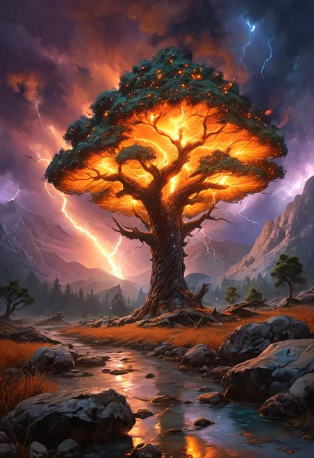 (by Ellen Jewett:1.5), (Fiery orange Bioluminescent Impressionism with lightning, mountain landscape, The Dreamland, Gibson Great Mountains, rock, sky, giant tree, great grand tree on mountains, great fire, great lightning, scenery, great great magical tree, sunset, sunrise , stream, lightining, snow and ice, ethereal landscapes, depth of field, biotech emotion:1.3) <lora:xl_more_art-full_v1:0.5> <lora:add-detail-xl:1> , ral-wlfnte <lora:RMSDXL_Creative:2>
