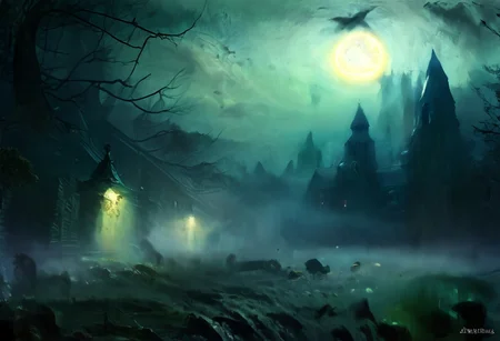 zPDXL2, NightScapes, ((score_9, score_8_up, score_7_up)), masterpiece, uhd, great detail, league of legends style, detailed haunted village, ArsGreenMistWorld, green moon, full moon, midnight, dynamic lighting, ghostly abandoned village, mist-covered village, strange creatures stalking the mist