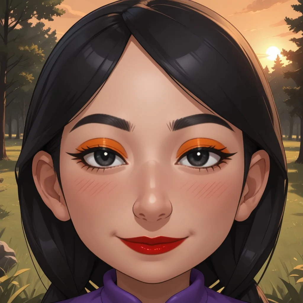 score_9, score_8, BREAK, solo, wii, mii, wii sports, female mii, 1girl, cute, black hair, black eyes, makeup, blush, orange eyeshadow, red lips, lipstick, purple clothing, black pants, shoes, nintendo mii, modern_mii, classic_mii, breasts, Xin_(OC_Mii), sexy pose, smile, outdoors, sunlight, shadows, evening lighting, natural lighting, forest, trees, grass, orange sky, sunset
