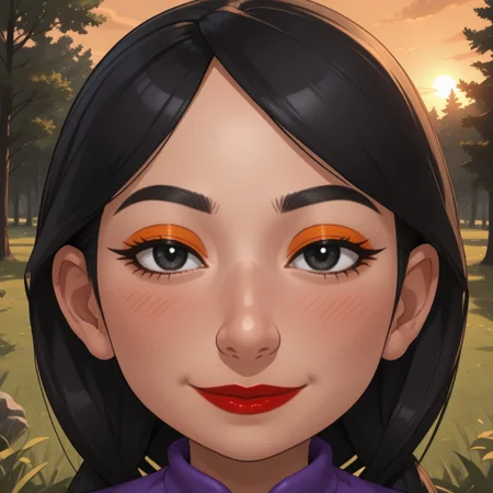 score_9, score_8, BREAK, solo, wii, mii, wii sports, female mii, 1girl, cute, black hair, black eyes, makeup, blush, orange eyeshadow, red lips, lipstick, purple clothing, black pants, shoes, nintendo mii, modern_mii, classic_mii, breasts, Xin_(OC_Mii), sexy pose, smile, outdoors, sunlight, shadows, evening lighting, natural lighting, forest, trees, grass, orange sky, sunset