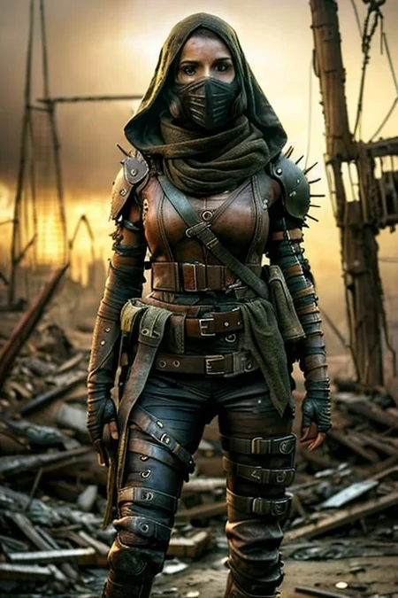 (masterpiece:1.2), (best quality,:1.2), 8k, HDR, ultra detailed, ((photorealistic)), professional light, cinematic lighting, fashion photography, ambient lighting, atmospheric effects, <lora:detail_slider_v4:3>, a beautiful woman, wild hair, dark makeup,  as a female Wasteland survivor, scarf over face, hood, long leather coat, boots, leather pants, belt, exploring the ruins of a destroyed city, <lora:Wasteland:0.66>,  WasteAr, <lora:WastelandArmor:0.7>, style of Mad Max, style of Fallout, <lora:zoom_slider_v1:3>, epiCPhoto
