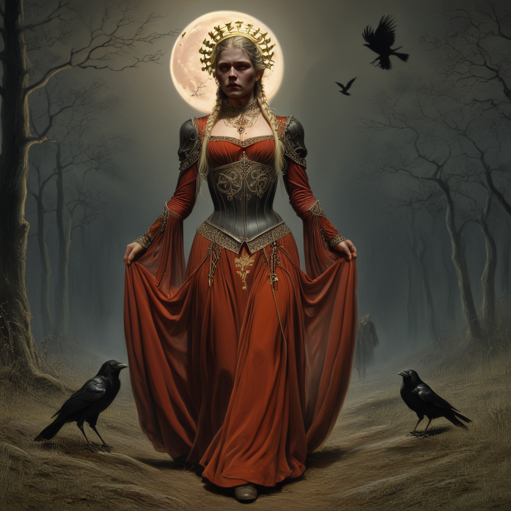 <lora:BaroqueFantasyRealismSDXL:1> Baroque Fantasy Realism, The image is a digital painting of a woman standing in a dark and eerie forest. She is wearing a long flowing red dress with intricate gold embroidery and a crown on her head. The dress has a high neckline and long sleeves and the skirt is flowing behind her. She has long blonde hair that is styled in loose waves and cascades down her back. In the background there are several figures dressed in medieval-style clothing including a man in a suit of armor and a woman in a red dress. The figures are standing in front of a full moon and there is a black bird flying in the sky above them. The overall mood of the image is dark and mysterious., 1girl, bird, braid, blonde hair, jewelry, necklace, crow, dress, twin braids, long hair