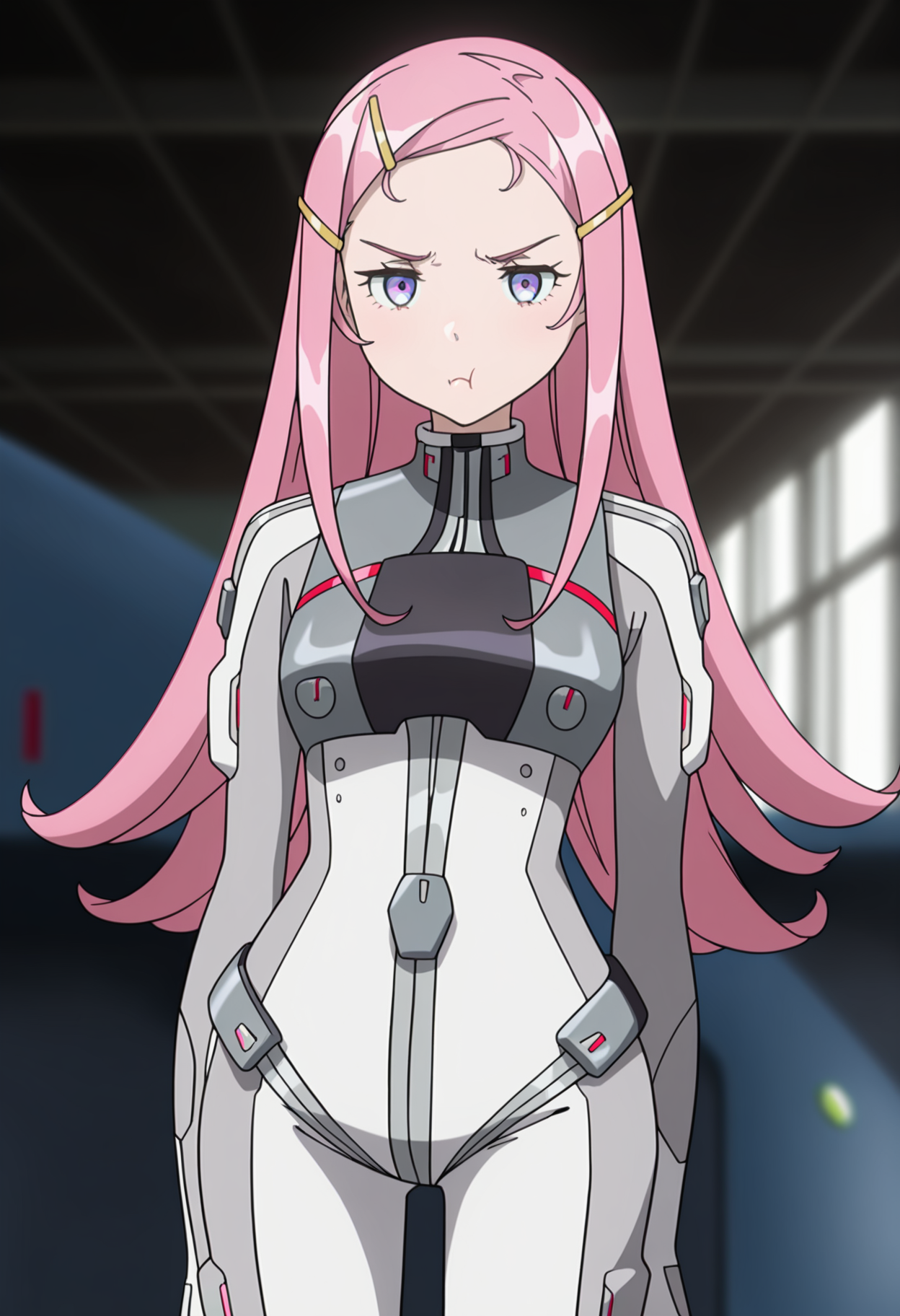 masterpiece, best quality, anime screenshot, anime, 1girl, solo, <lora:Anemone v2 [Illustrious] Eureka Seven:1>, ANES, purple eyes, pink hair, hairclip, sidelocks, long hair, pilot suit, pout, science fiction, hangar, blurry background, cowboy shot,