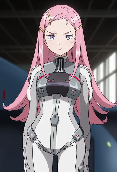 masterpiece, best quality, anime screenshot, anime, 1girl, solo, <lora:Anemone v2 [Illustrious] Eureka Seven:1>, ANES, purple eyes, pink hair, hairclip, sidelocks, long hair, pilot suit, pout, science fiction, hangar, blurry background, cowboy shot,