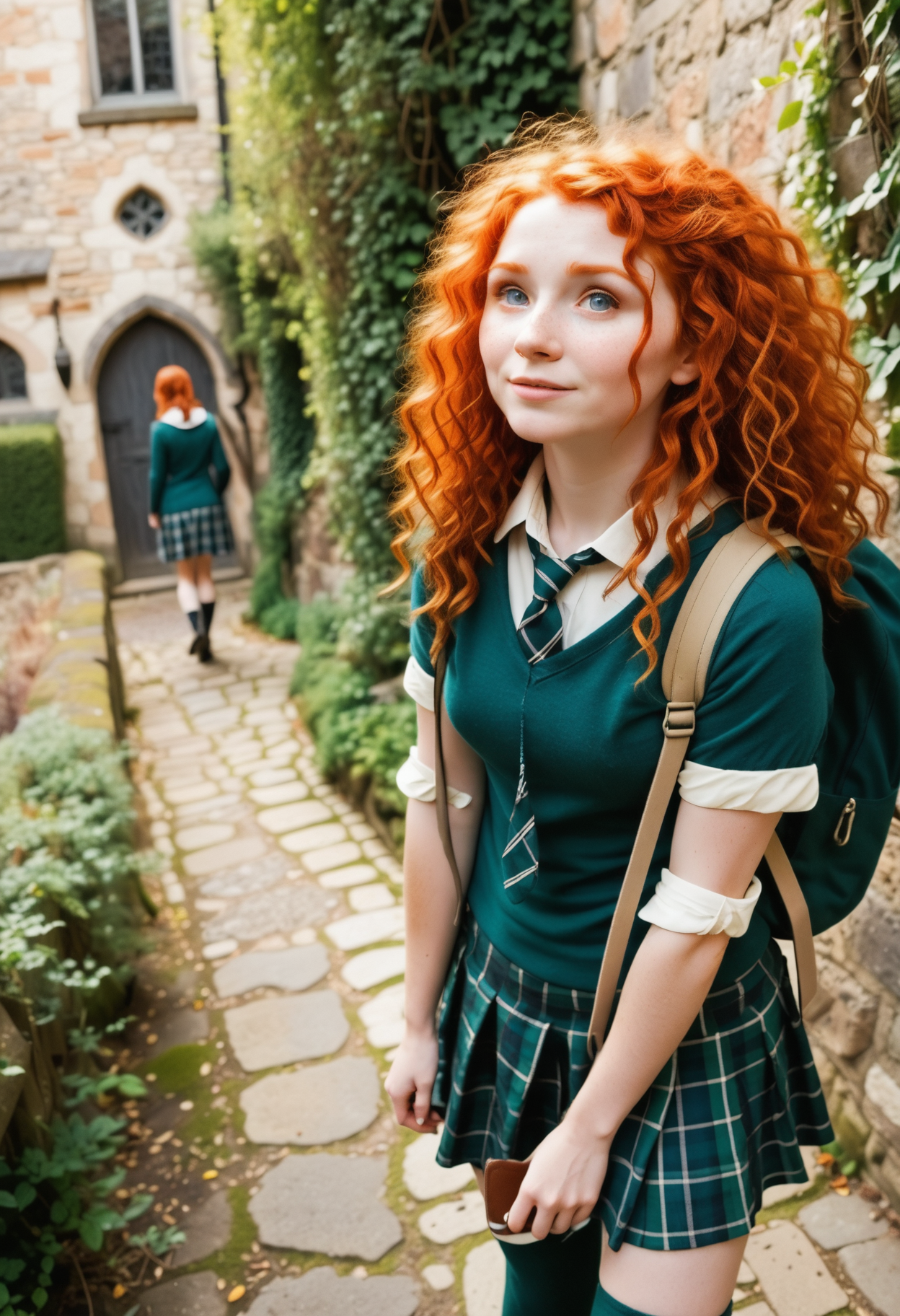 MeridaXLP,freckles,cleavage,wavy hair , A high resolution professional cosplay photograph of Merida, the fiery-haired Disney princess from Brave, dressed in a modern schoolgirl outfit. She has her signature wild, curly red hair cascading down her shoulders, with a few strands playfully framing her freckled face. Her emerald green eyes shine with mischief and determination. She is topless and wears a stylish school uniform consisting of a plaid skirt in shades of green and navy, knee-high socks, and polished black shoes. Her breasts are pale, soft and supple with delicate light pink nipples. A loosely tied tie hangs around her neck, giving her a rebellious yet charming look. She stands confidently, perhaps adjusting her backpack strap or holding a book, with a smirk that hints at her adventurous spirit. The background is softly blurred, depicting a grand old-school building with stone walls and ivy creeping up the sides, adding to the academic yet whimsical atmosphere.