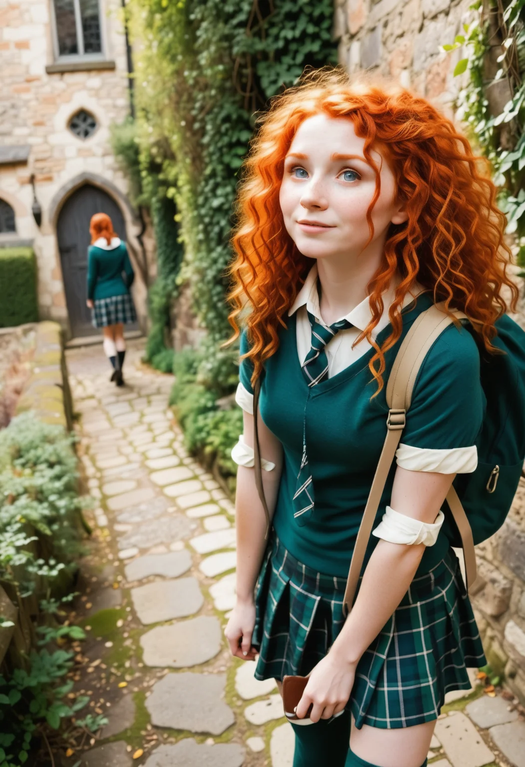 MeridaXLP,freckles,cleavage,wavy hair , A high resolution professional cosplay photograph of Merida, the fiery-haired Disney princess from Brave, dressed in a modern schoolgirl outfit. She has her signature wild, curly red hair cascading down her shoulders, with a few strands playfully framing her freckled face. Her emerald green eyes shine with mischief and determination. She is topless and wears a stylish school uniform consisting of a plaid skirt in shades of green and navy, knee-high socks, and polished black shoes. Her breasts are pale, soft and supple with delicate light pink nipples. A loosely tied tie hangs around her neck, giving her a rebellious yet charming look. She stands confidently, perhaps adjusting her backpack strap or holding a book, with a smirk that hints at her adventurous spirit. The background is softly blurred, depicting a grand old-school building with stone walls and ivy creeping up the sides, adding to the academic yet whimsical atmosphere.