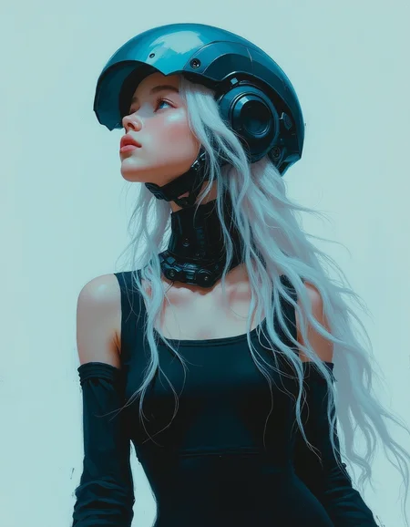 cinematic still Minimalist painting of a young teen albino cyborg girl by Albert Lynch, Abbott Handerson Thayer, highly detail, best quality, sci-fi, mechanical joints, black tight dress with exposed shoulders and low neck line, dark blue outline, futuristic helmet, visor glass, dynamic pose, dark blue outline, innocent, serene, white skin, pale skin, blue eyes, long flowing white hair, ultra detailed, romantic, Rembrandt lighting, brush strokes, warm light, magic, extremely coherent, cute, beautiful, cinematic, stunning, creative, positive, cheerful, unique, cool, inspiring, pure, rational, very inspirational, friendly, thought, glowing, magical, perfect, intricate, wonderful, lovely, del1cate_balance style, in the style of Rembrandt. vantablack <lora:style_of_Rembrandt_FLUX_135:.8> <lora:- Flux1 - vanta_black_V2.0:.8> <lora:Delicate_Balance:.3> <lora:neeeg_f1:-1>