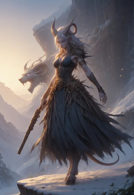 (absurdres, best quality, masterpiece:1.4), score_9, score_8_up, score_7_up, score_6_up, detailed, detailed body, detailed face, world of warcraft, fantasy, <lora:add-detail-xl:1.5>,
fFaceDetail, SkinDetail, ((female, draenei, tall, athletic arms, pale white skin, long white hair, purple eyes, no pupil, no sclera, long white tail), (h0rns, ram horns, white horns),
(long fingers, purple fingernails, purple nail polish), hooves),
GunMonk, shotgun, holding shotgun, dynamic pose,
(long loose blue dress, blue silk scarf, tail under dress, simple armlet, small yellow gem pendant),
outdoors, mountains, temple, snow, evening