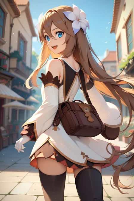score_9, score_8_up, score_7_up, very aesthetic, source_anime, detailed, high quality, beautiful, masterpiece, detailed eyes,
village, blurry background,
<lora:lightXL:0.8>
cowboy shot, upper body, walking,
from behind, looking back, smile, open mouth,
<lora:marta_autismConfetti_v01:0.95>marta lualdi, blue eyes, brown hair, long hair, dress, hair ornament, hair between eyes, detached sleeves, knee boots, hair flower, white gloves, miniskirt, black thighhighs, bag, zPDXL