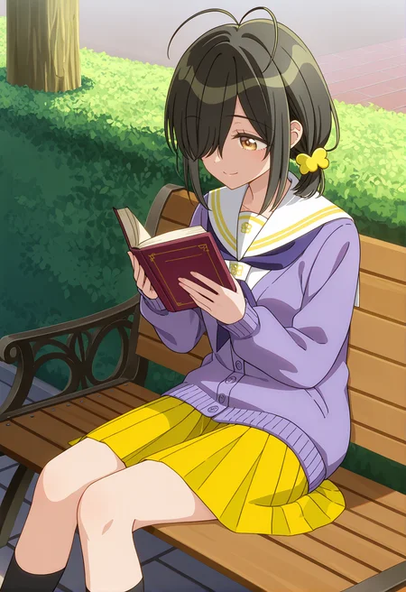 <lora:KOTONO SHIUNJI_illustrious-000018:1>,
KOTONO SHIUNJI,black hair,brown eyes,antenna hair,hair ornament,hair over one eye,
serafuku,yellow skirt,purple cardigan,pleated skirt,black socks,
reading,sitting,book,bench,holding,holding book,smile,solo,outdoors,long sleeves,open book