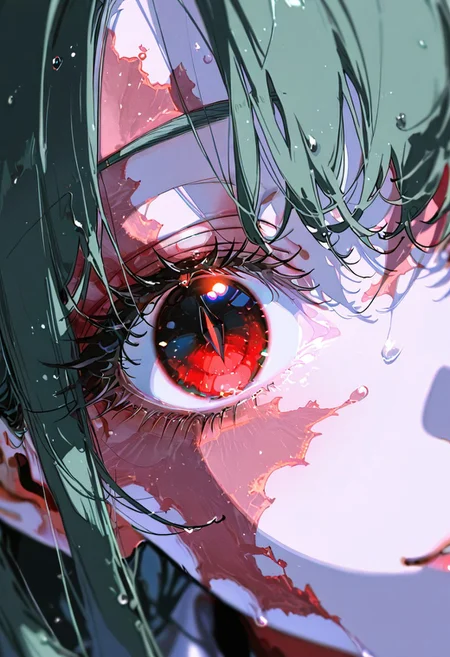 masterpiece, best quality, good quality, newest, highres, absurdres, uncensored,
BREAK
detail background, very awa, absolutely eye-catching, (beautiful face),
BREAK
amazing quality, best quality, ultra-detailed, 8K, illustration, CG, ultra-detailed-eyes, cute girl, eyelashes
BREAK
(sexy, slutty, hot, aroused) (only girl, solo foucus)
BREAK
parted lips, puffy lips, smile, seductive expression, wet hair, wet, from above, blurry foreground,
BREAK
perfect composition, solo, 1girl, extreme eye close up, eye focus, eye reflection, wide eyed, eyelashes, blank stare, (looking at viewer), eye focus, light smile
BREAK
professional lighting, , Photorealistic, source_real, 8k, night, blurry background, sharp focus, (extreme close:2.0), red eyes, glowing eyes, slit pupils, green hair, perfect nose, slicked back, smooth hair, parted hair, shiny, burn scar,
(by yoneyama mai, rolua, roitz \( roitz \):1.25), colored lines, (ONE EYE FOCUS)
