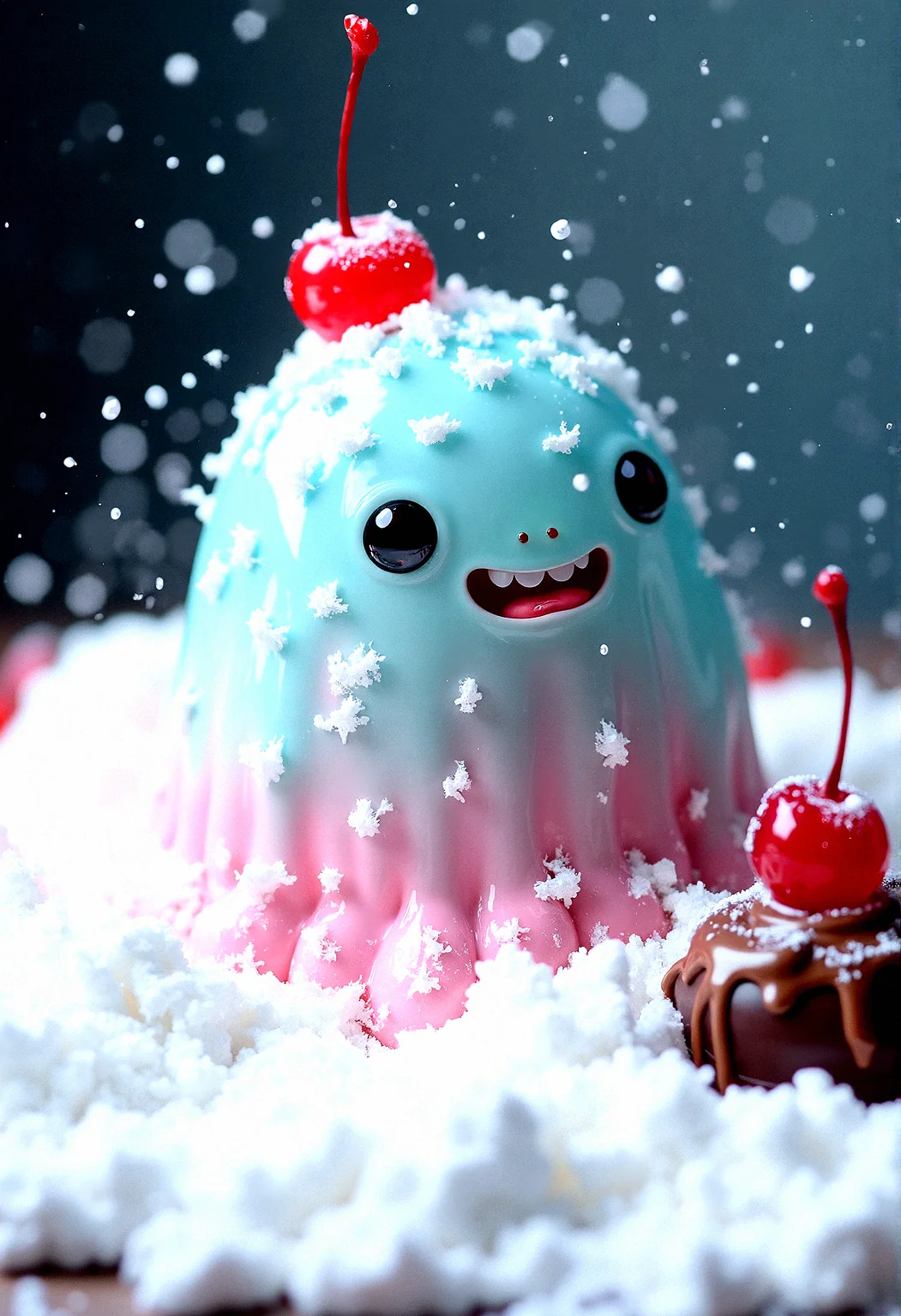 a cute trasparent slime candy monster in a mountain of powdered sugar with raining of fine sugar.Chocolate frostings on the side with cherry on top