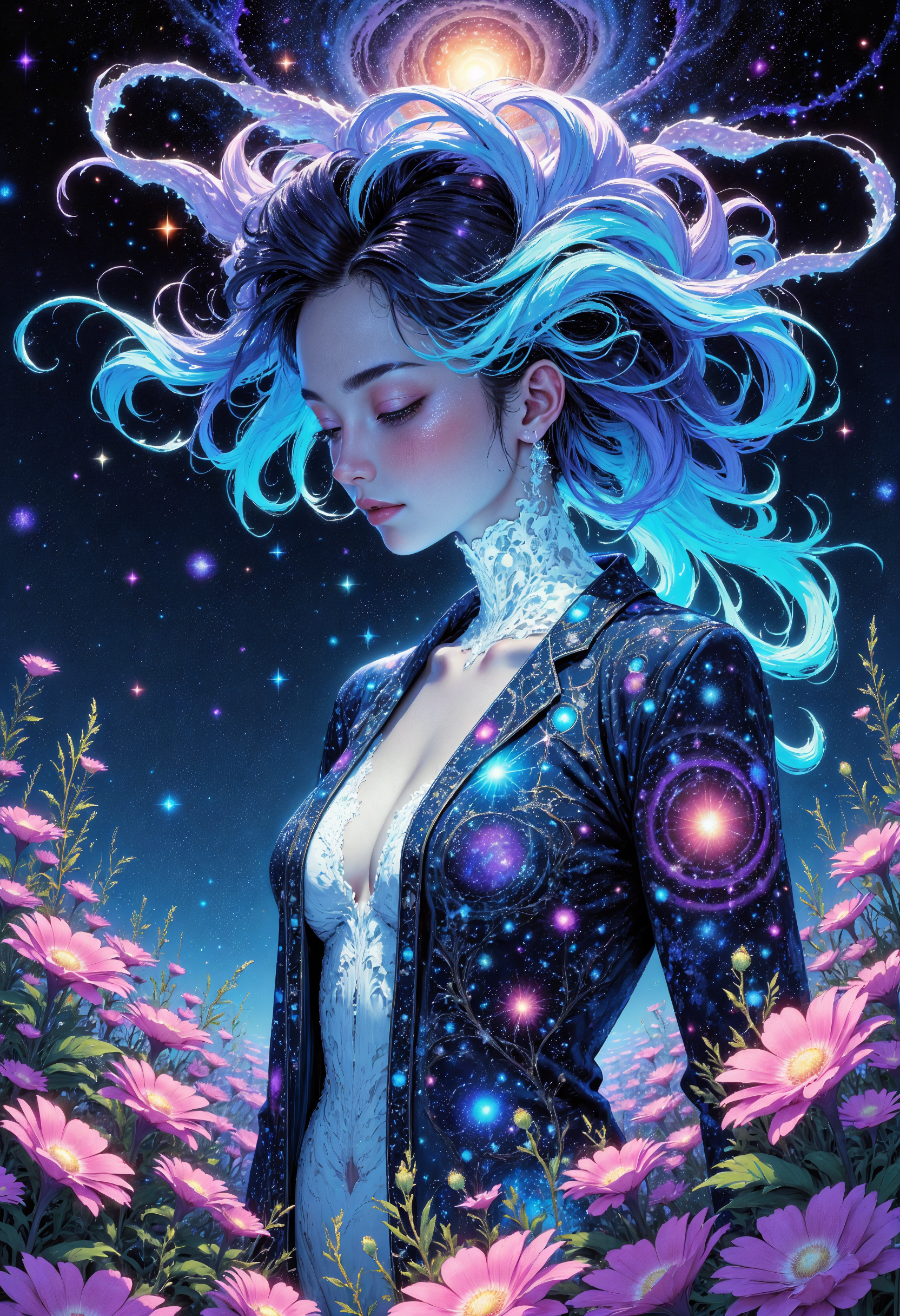 (in Otomo Katsuhiro style:1.2), masterpiece, high-quality, A mystical woman embodying the essence of the cosmos, her attire a celestial robe adorned with shifting patterns of stars and nebulae, Her hair flows like threads of the aurora borealis interwoven with glittering stardust, upper-body portrait, The light source is an ethereal glow radiating from a nearby supernova, The background depicts a surreal field of glowing flowers blooming in the void of space, (elaborate fine details:1.1), (hyperdetailed:1.1), (intricate details:1.0), (Refined details:1.1), (best quality:1.1), (high resolution:1.2), <lora:FLUX\VividlySurrealV2:0.6> <lora:FLUX\RIDD_FluxMedian:0.6>