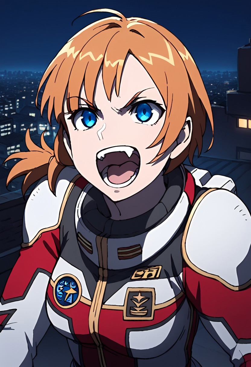 score_9, score_8_up, score_7_up,city view, 1 female,night view, moonlight,somers, female, brown hair, blue eyes, hair with band,open-collor pilotsuit,gloves,upper body,open mouth , fang teeth