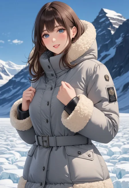 ((((white Oversized shearling down jacket)))), ((((white Oversized shearling puffer jacket)))), ((((white Oversized shearling winter clothes)))), ((((very very cold, in cold)))), ((((semi-realistic)))), ((((puffer hood)))), ((medium knee office skirt, pantyhose, boots)), ((((full length shot)))), ((sharp eyelid, eyeliner, eyelashes, beautiful detailed eyes, tsurime, long messy brown hair, blue eyes, perfect anatomy)), detailed fingers, solo, smile, standing, icefield, ((((masterpiece)))), ((((best quality)))), ((intricate details)), RAW, 8K UHD, (1girl), office lady, detailed face, beautiful face, charming, bonny, (((blush))), (((heavy breathing))), (((feels orgasm))), wind, (Thick padded collar:1.4), (TSH:1.4), (Thick padded cuffs:1.4)