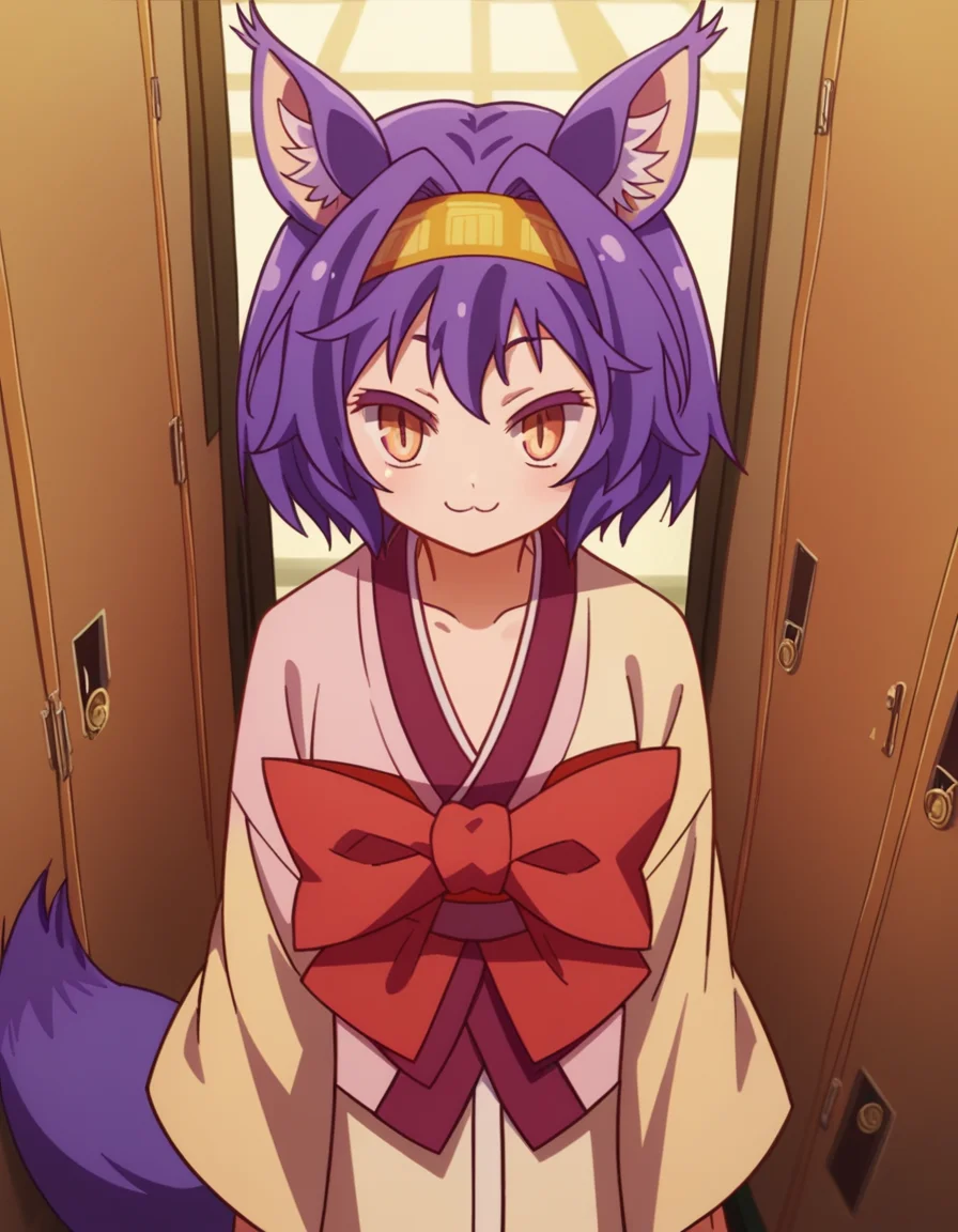 score_9, score_8_up, score_7_up, source_anime, <lora:izuna-hatsuse-s1-ponyxl-lora-nochekaiser:1>, izuna hatsuse, short hair, animal ears, purple hair, hairband, animal ear fluff, fox ears, slit pupils, yellow eyes,, bow, tail, japanese clothes, wide sleeves, kimono, fox tail, short kimono,, school hallway, lockers, between classes, everyday life, smile, looking at viewer, smile, from above,, solo,, cowboy shot, dutch angle