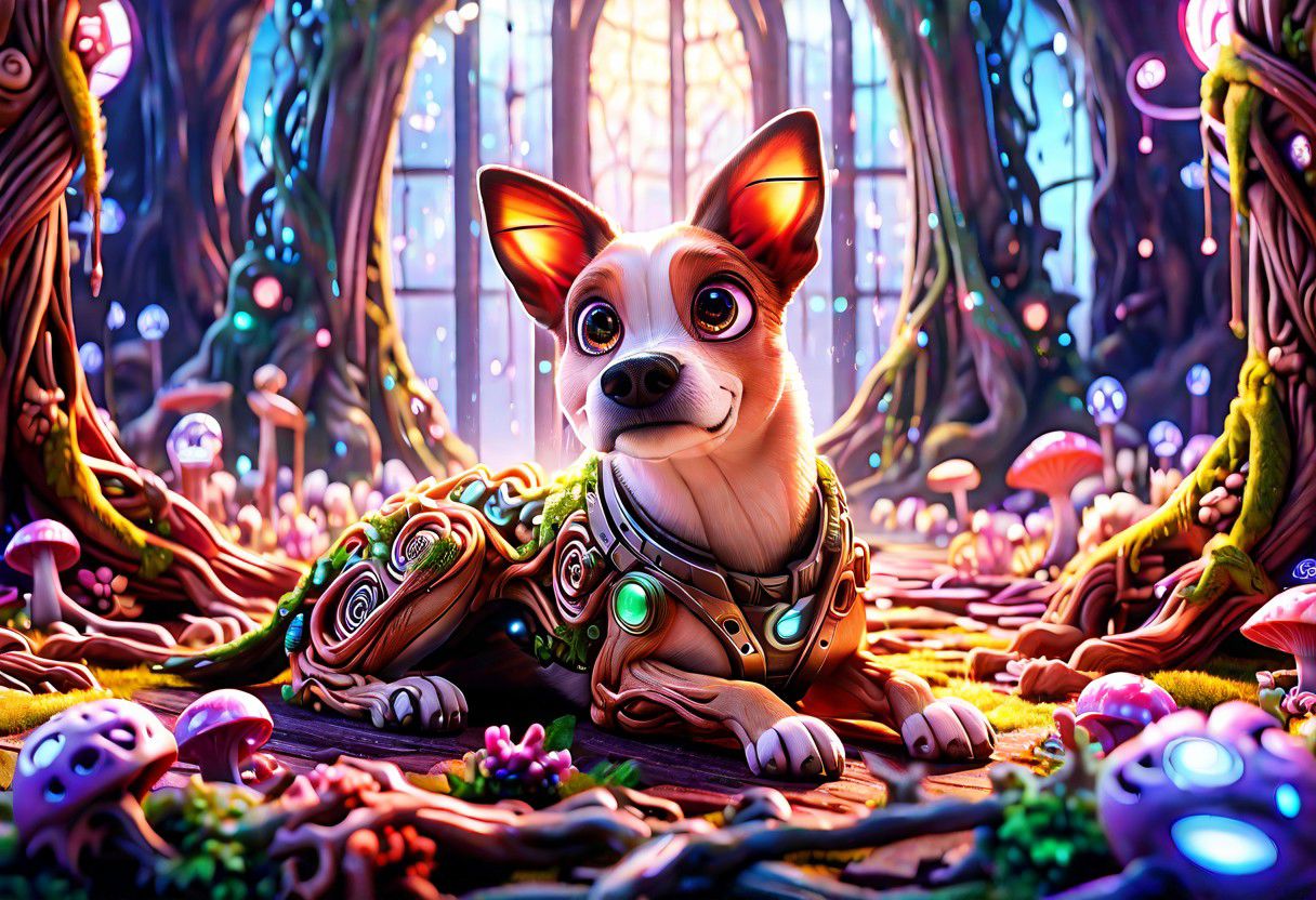 Lovely 3d dogscybernetic style Ultimate fusion of technology and allure, Cosmic Cyber Warrior. Embodying the creative genius of Jovana Rikalo, Brandon Woelfel, and Ross Tran, spectacular cosmic landscapes fraught with otherworldly conflict. Shimmering cables course beneath her translucent epidermis, connecting to powerful vertebrae that support a resplendent skull adorned with cascading neon undercut locks. Mysterious constellations twinkle ominously overhead, casting eerie shadows on the ground below. This masterpiece encapsulates the quintessential essence of science fiction, presenting a highly detailed exploration of extraterrestrial themes guaranteed to captivate audiences worldwide. . futuristic, technological, cybernetic enhancements, robotics, artificial intelligence themes,  8k picsmade of ral-mythfrst <lora:ral-mytfrst:1>