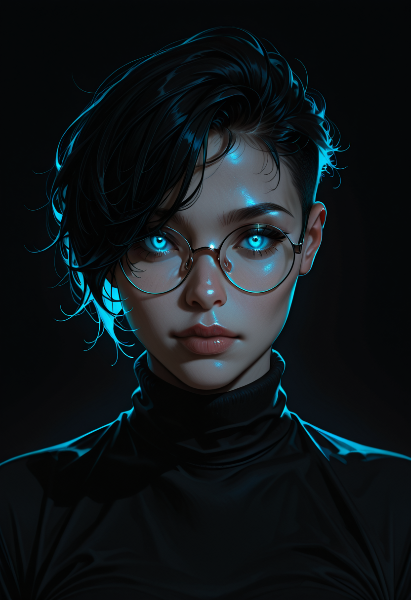 masterpiece, best quality, high resolution, very aesthetic, absurdres, newest, professional, high-quality, hyper-realistic, detailed eyes, realistic body,
solo, woman, staring at viewer,
white turtleneck top, pixie undercut hair, black hair, round glasses
(dark background:1.5),
blue backlight, deep shadows, <lora:MoriiMee_Gothic_Niji_Style_Illustrious_r1:0.4> <lora:lerapi_ill:0.4> <lora:reij-detaILer:0.55>