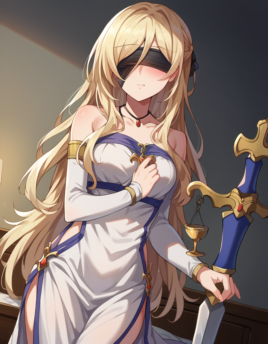 score_9, score_8_up, score_7_up, source_anime, 
swordmaiden, <lora:sword-maiden-ponyxl-lora-nochekaiser:1>, 
sword maiden, long hair, bangs, blonde hair, blindfold, covered eyes, black blindfold, 
dress, jewelry, weapon, sword, necklace, white dress, bare shoulders, collarbone, 
indoors, bed, bed room, on side, blush, drunk,
looking at viewer, cowboy shot, dutch angle,