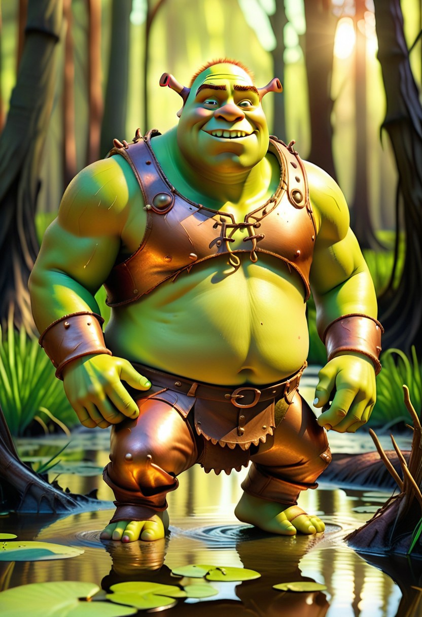 a majestic photo of Shrek made out of Jed-ANC, out in the world frolicking in a swamp