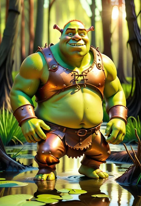 a majestic photo of Shrek made out of Jed-ANC, out in the world frolicking in a swamp
