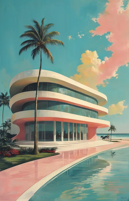masterpiece,best quality,<lora:tbh313-sdxl:0.75>,illustration,designed by Oscar Niemeyer, Art Deco hotel facade in Miami Beach, featuring pastel colors and streamlined forms