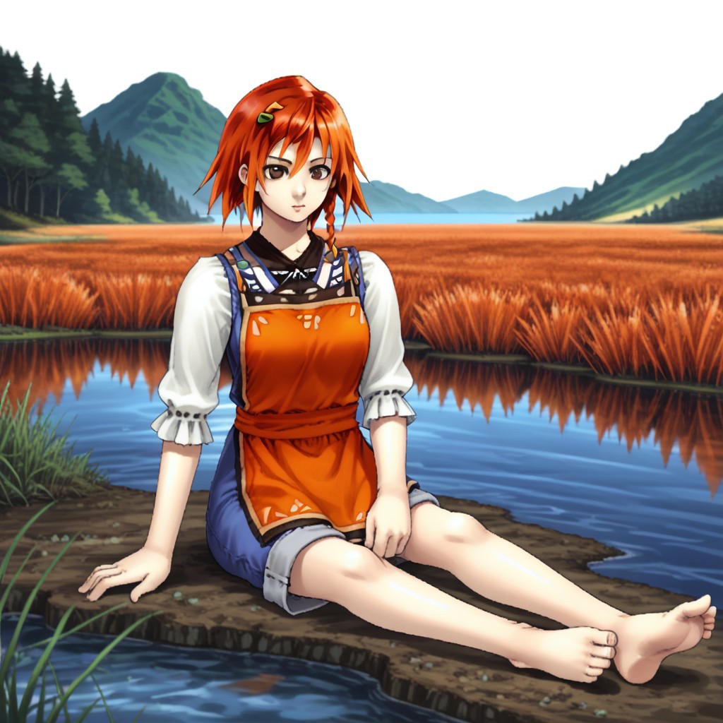 1girl,solo,brown eyes,orange hair,short hair,side braid,apron,shorts,shirt,barefoot,sitting,lake background,legs stretched out,