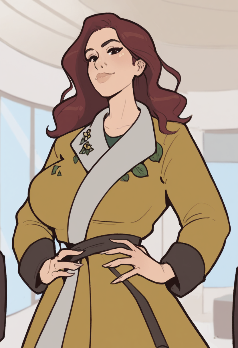 score_9, score_8_up, score_7_up, 1girl, mature_female, large_breasts, portrait, solo, looking_at_viewer, open_eyes, Dancing with both hands on hips, from_below, (Puc Long coat), pointy hair, pompadour, salt-and-pepper hair, mall, cropped_arms, rating_safe, <lora:pony\artist_styles\hornyx_pony:1.0>