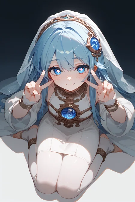 (score_9,score_8_up,score_7_up,),<lora:wushen-000018:0.9>,wushen,blue eyes,symbol-shaped pupils,blue hair,long hair,veil,hair ornament,white dress,jewelry,anklet,pantyhose,white dress,toeless legwear,blush,kneeling,face focus,from_above,double v,smile,