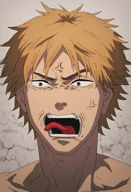 score_9, score_8_up, score_7_up, portrait, 1 boy, solo focus, PepeREEEEEEEEEEEEE, Enragedpepe, solo, tongue, open mouth, anger vein, angry, denji_chainsaw_man, blonde hair, brown eyes, short hair