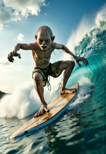 A stunning 4K masterpiece of Smeagol from Lord of the Rings surfing on a bright, sunny day. He rides an intricately designed surfboard, wearing hilariously colorful beach shorts. The scene captures him from a spectacular angle as he rides a massive, curling wave, with sunlight gleaming off the water and casting dazzling reflections. Smeagol's intense, comical expression as he balances on the board adds to the humor, while the vibrant colors and dynamic action make this image truly spectacular. raw photography, overexposed, bright flash
