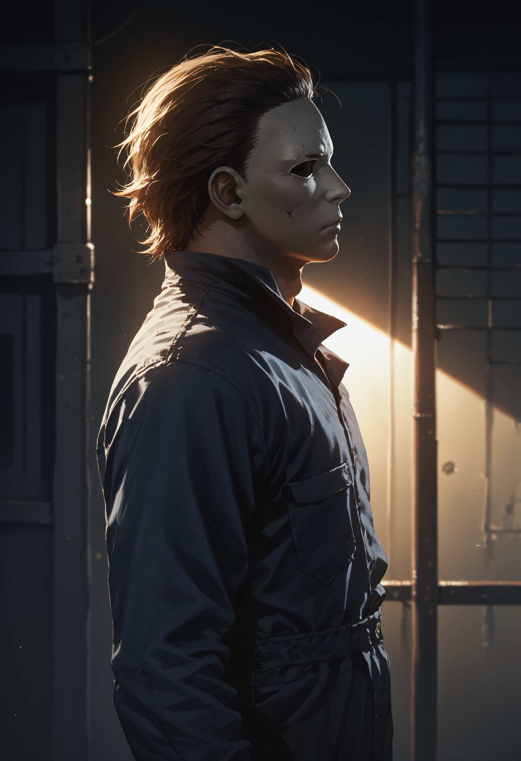 score_9, score_8_up, score_7_up, score_6_up, 1boy, solo, mask, from side, backlighting, jumpsuit, 
<lora:michael_myers_v0.2-pony:1>
<lora:dark_v1.9-pony:0.5>